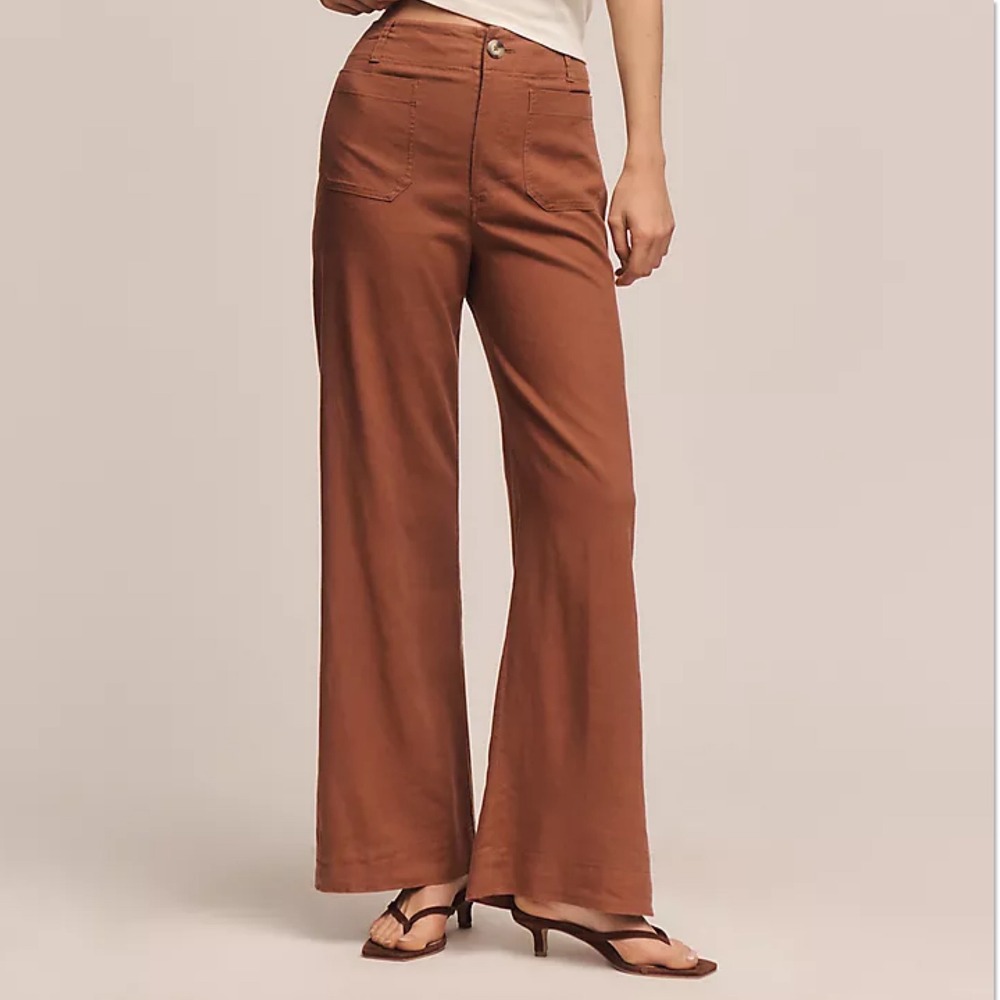 Anthropologie Maeve Colette Linen Wide Leg Pants Cognac Brown 33 Boho Chic